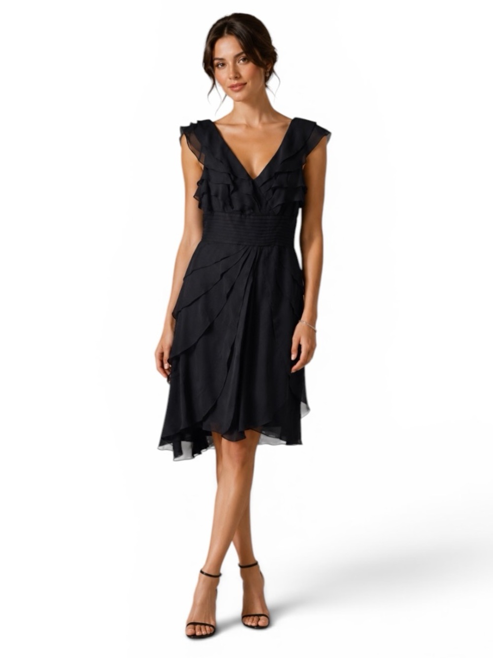 NWT Adrianna Papell Sleeveless Black Ruffle V-Neck Cocktail Dress Size 14